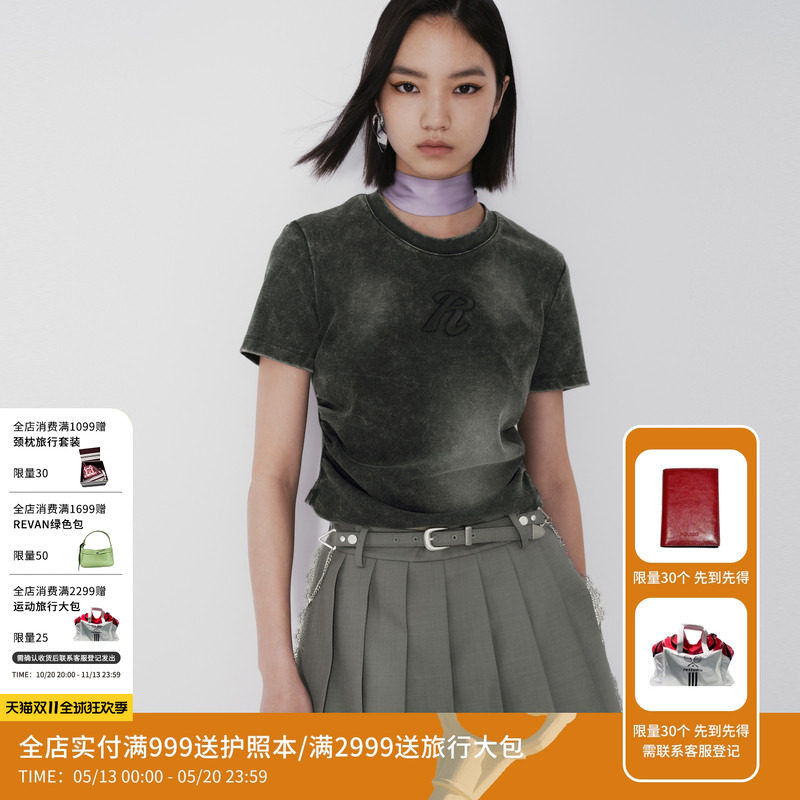 REVAN芮范设计师款美式微收褶深灰色T恤RM71001003