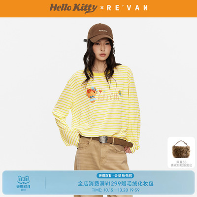 REVAN芮范黑皮HelloKitty夏日度假风黄白条纹长袖T恤RK31001106