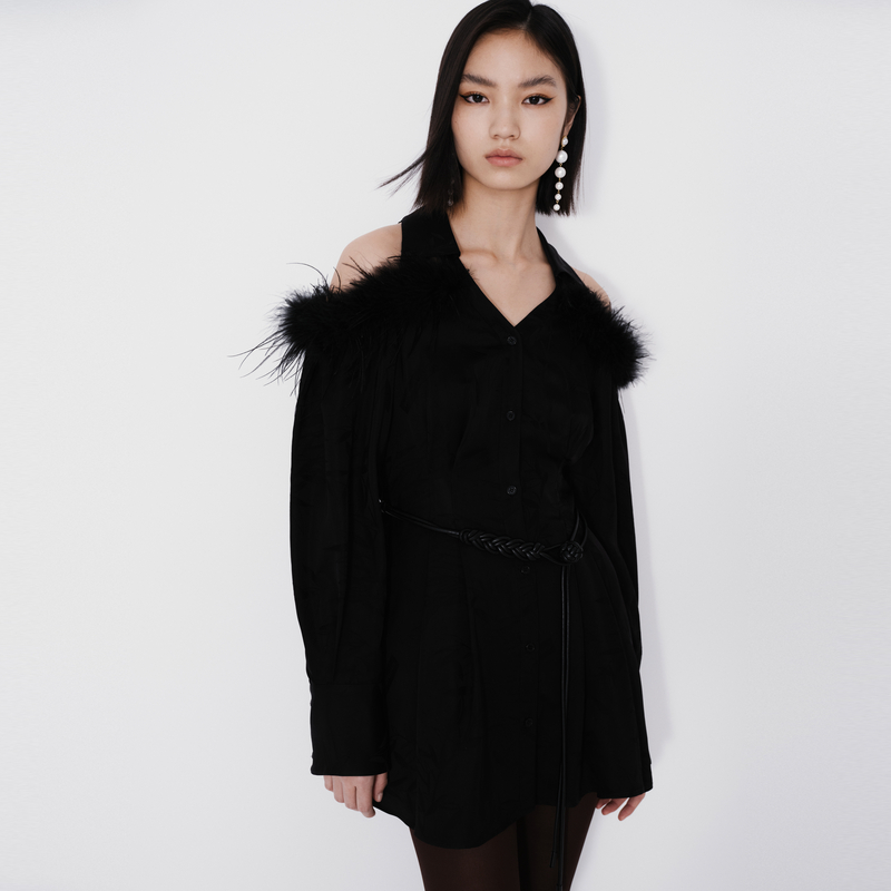 REVAN芮范2024秋季新品设计师款新中式可卸羽毛连衣裙RM71101139