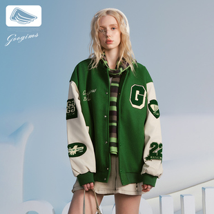 Googims秋冬夹克美式重磅字母情侣款加厚棒球服夹棉夹克外套女