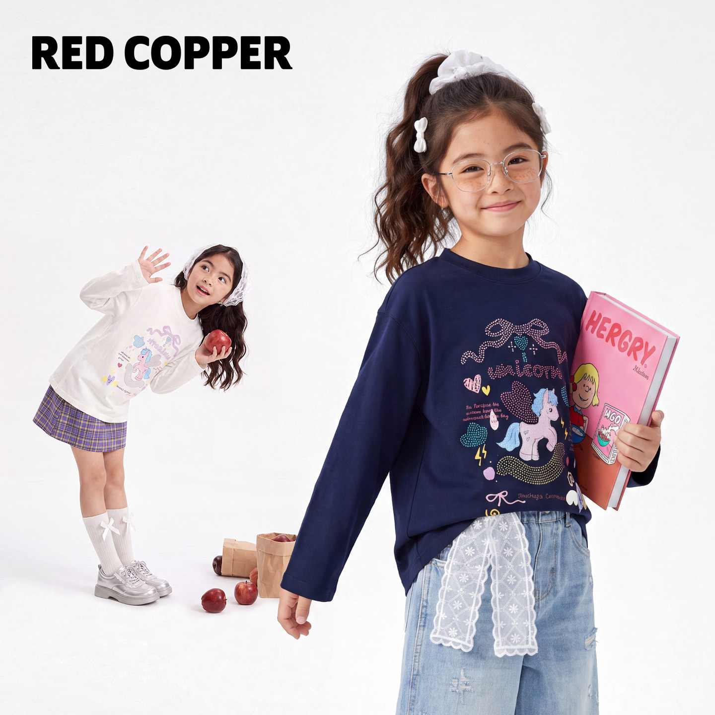 redcopper童装2026早秋新款女童卡通印花独角兽烫钻工艺长袖T恤潮图片