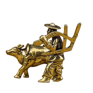 黄铜农耕人物牛拉犁民俗文化乡村农民耕地铸铜小摆件茶桌茶宠礼物