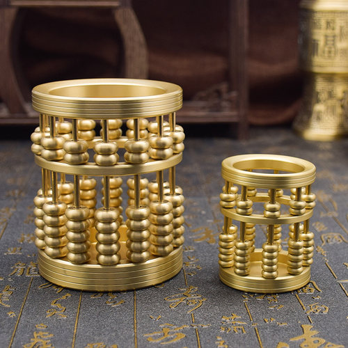 寓蓝米黄铜算盘笔筒桌面摆件