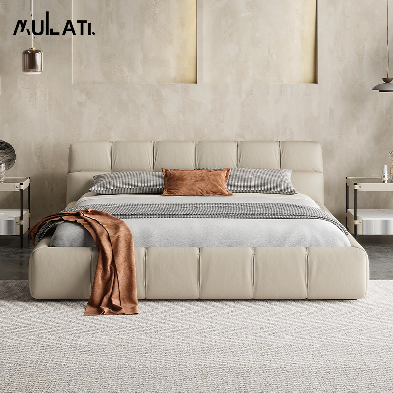 木拉提意式极简真皮双人床现代简约泡芙床头层牛皮轻奢别墅简奢床