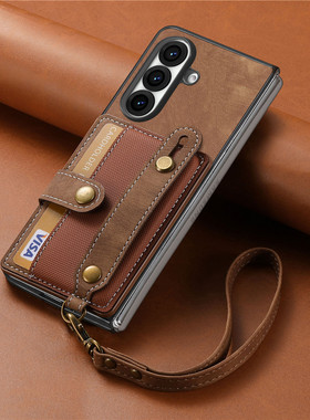 卡包腕带手机壳适用三星zfold7折叠款samsung z fold6 card case可放卡挂绳zfold5折叠款电话套皮质新品cover