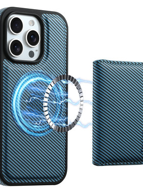 可无线充适用于iPhone16promaxs手机壳磁吸卡包二合一支架插卡车载16plus防摔保护皮壳手機碳钎维纹包咭皮套