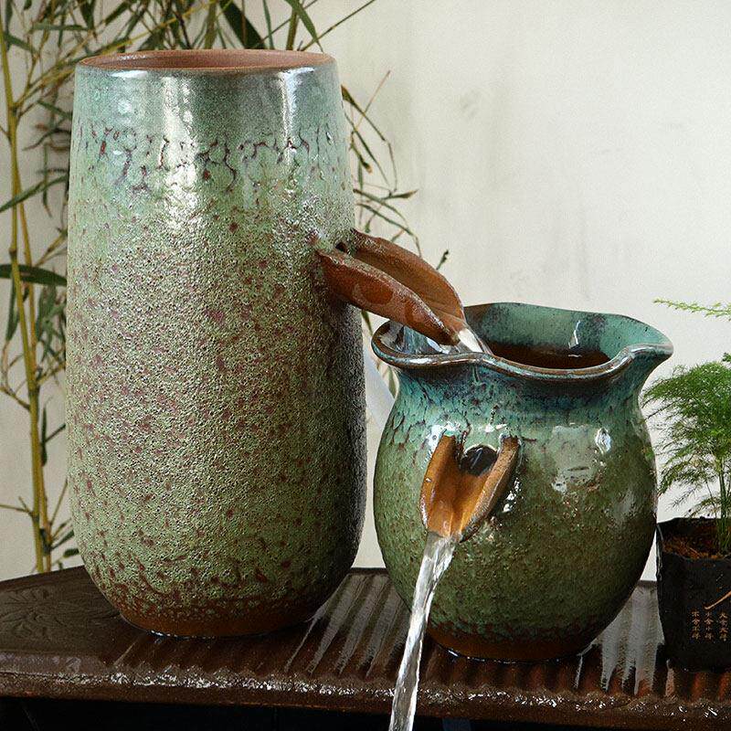 瀑布造景流水摆件循环水全套陶瓷陶罐阳台养鱼过滤器古法生态鱼缸