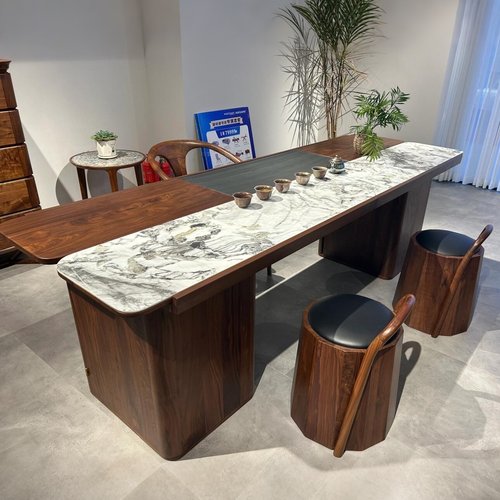 北美黑胡桃木茶桌椅组合新中式岩板茶台现代轻奢茶室办公酒店会所