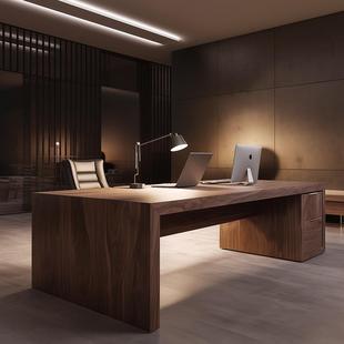 新中式实木老板桌办公桌简约现代高级感北美黑胡桃木办公室大班台