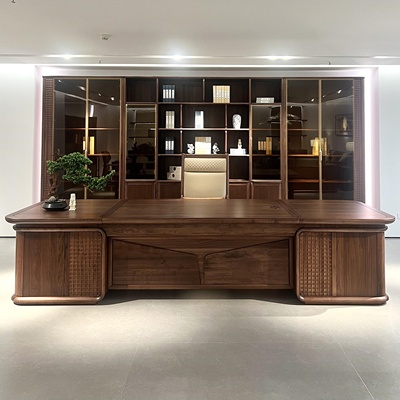 新中式实木大班台北美黑胡桃木老板办公桌董事长总裁办公室高级感