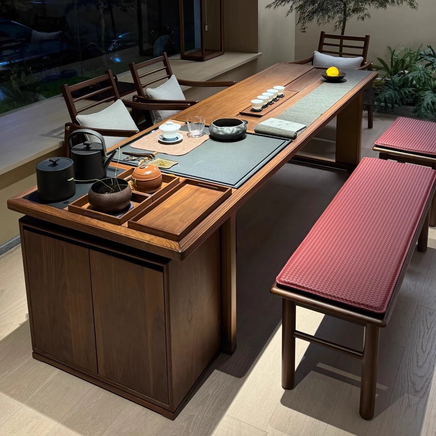 新中式北美黑胡桃木茶桌椅办公室高端泡茶台家用酒店民宿家具定制