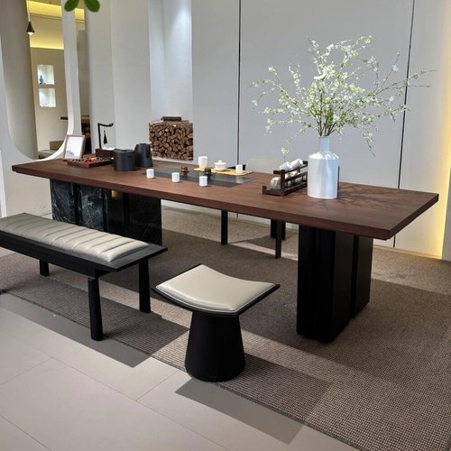 新中式北美黑胡桃木岩板茶桌实木茶台轻奢高级感办公室泡茶桌定制