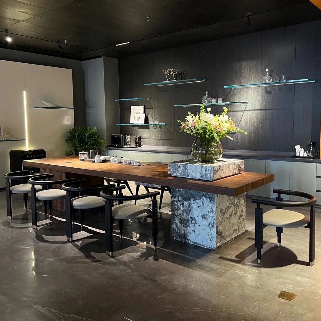 新中式岩板茶台设计师款现代简约轻奢茶室大理石高档实木茶桌定制