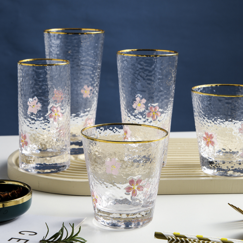 包邮日式金边樱花果汁冷饮玻璃杯