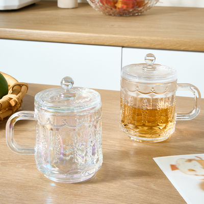 玻璃家用麦穗带盖手把杯茶杯子