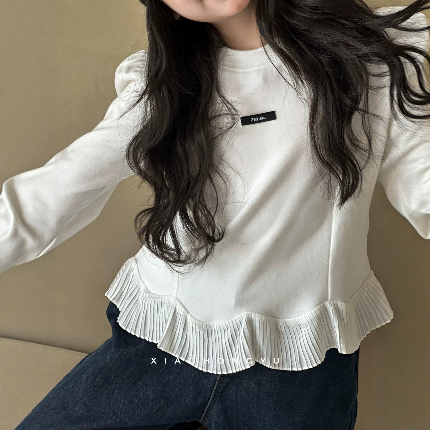 小红鱼女童木耳边长袖T恤秋装青少年秋季白色上衣休闲打底衫亲子