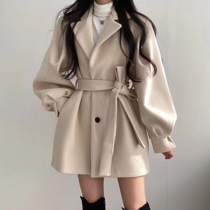 【念妮裳】春季女装赫本风纯色收腰加厚中长款毛呢外套呢子大衣