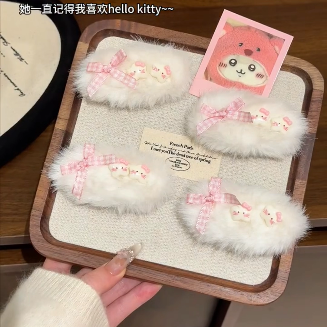 ‘少女发卡’新款猫咪星星毛绒掰掰夹发夹甜美少女风侧边刘海夹子