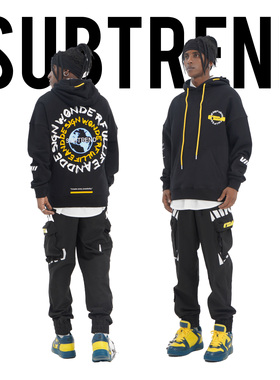 意大利SUBTREND新款潮酷字母印花带帽黑色卫衣男女同款