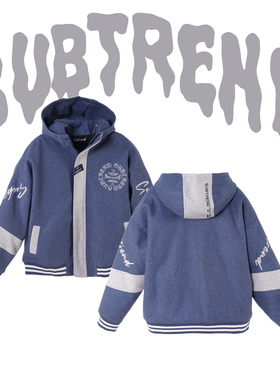 SUBTRED连帽秋冬加棉棒球服撞色拼接精致绣花米色阔型外套百搭