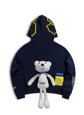 [SUBTREND]意大利潮牌立体小熊藏青色连帽套头高腰卫衣女款