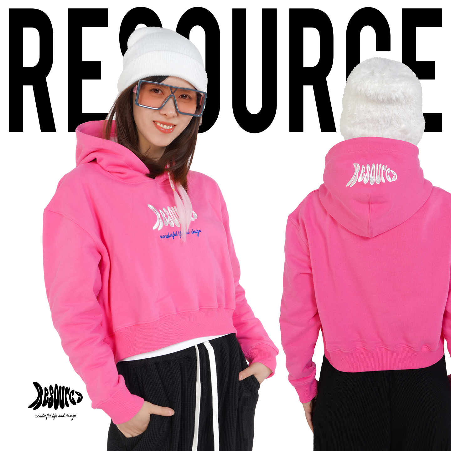 新品Resource中厚小高腰纯棉落肩玫红色印花卫衣显瘦显高