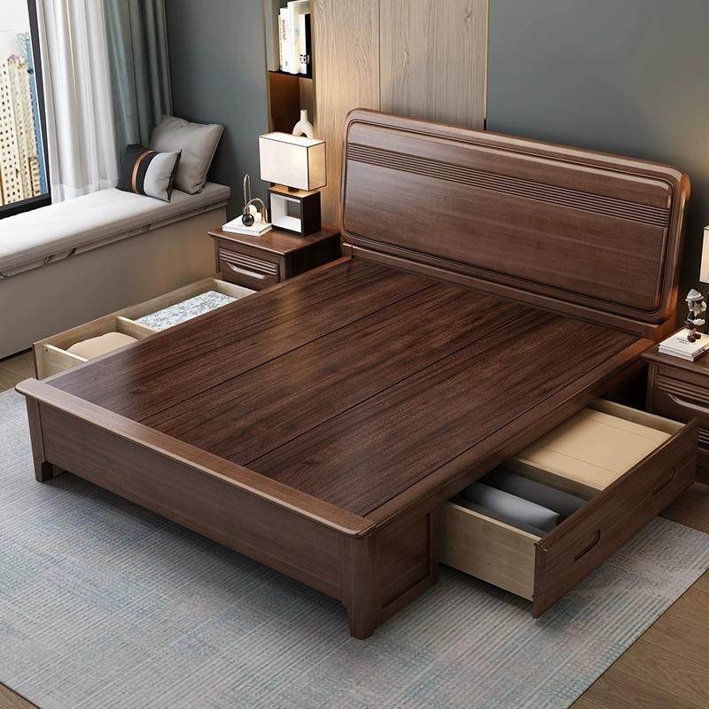 胡桃木实木床新中式1米8大床双人床主卧现代简约1.5米厢式收纳床