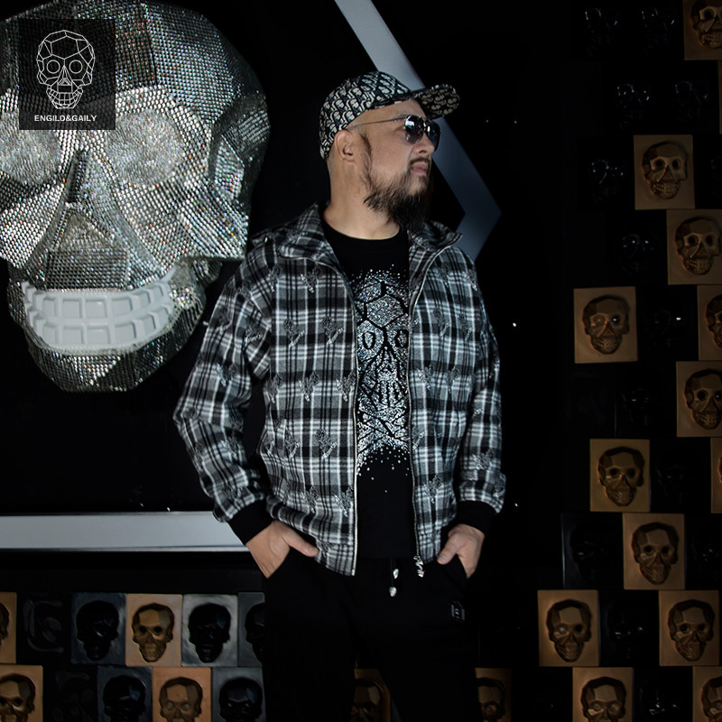 金刚铁甲骷髅头品牌原创设计美式潮牌复古连帽拉链外套格子夹克男