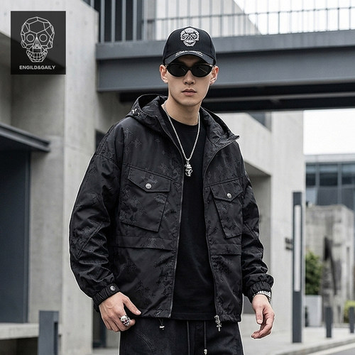 工装连帽多口袋宽松男夹克春秋