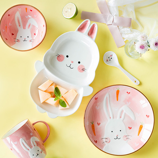 Modern housewife lovely animal ceramic baby rice bowl spoon