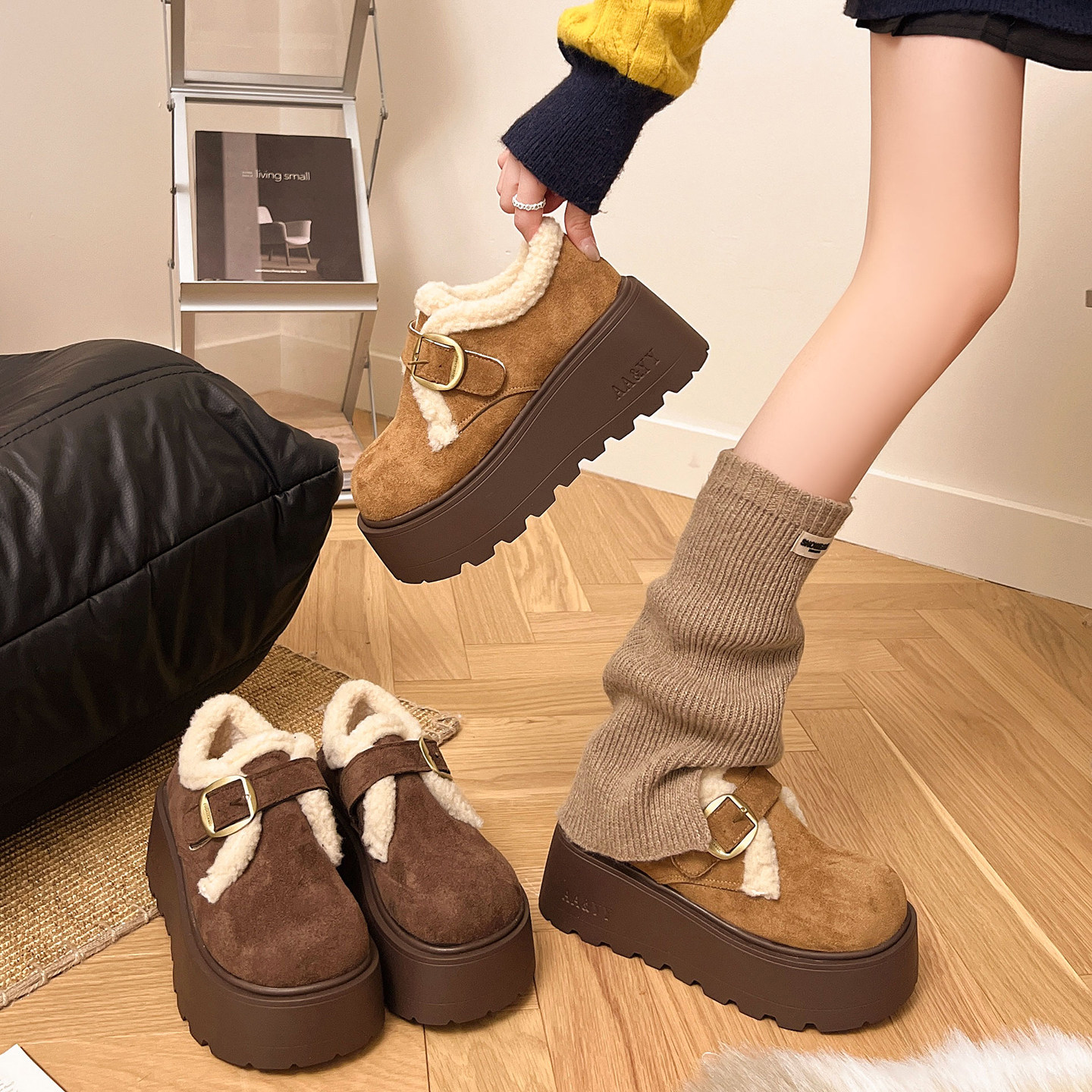 厚底加绒勃肯鞋女秋冬新款一脚蹬乐福鞋增高小个子不累脚乐福鞋子