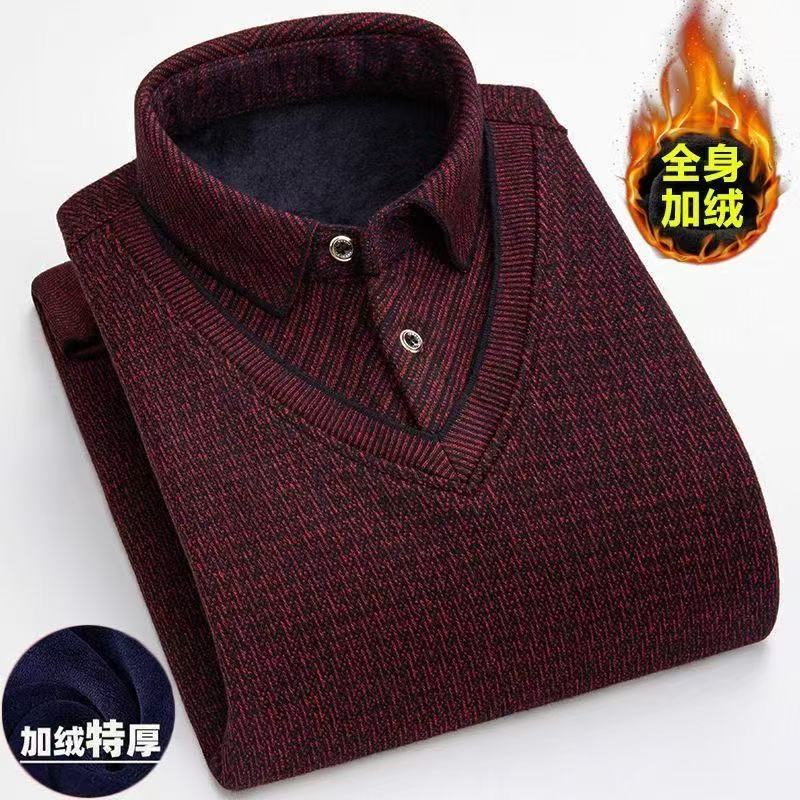 加绒加厚假两件针织衫中