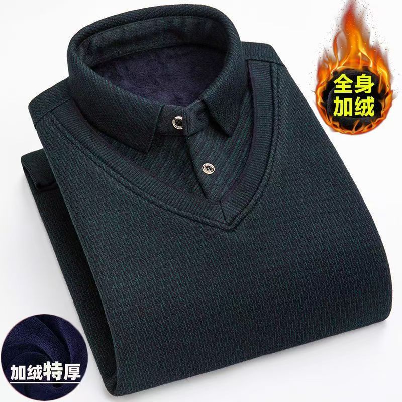 加绒加厚假两件针织衫中