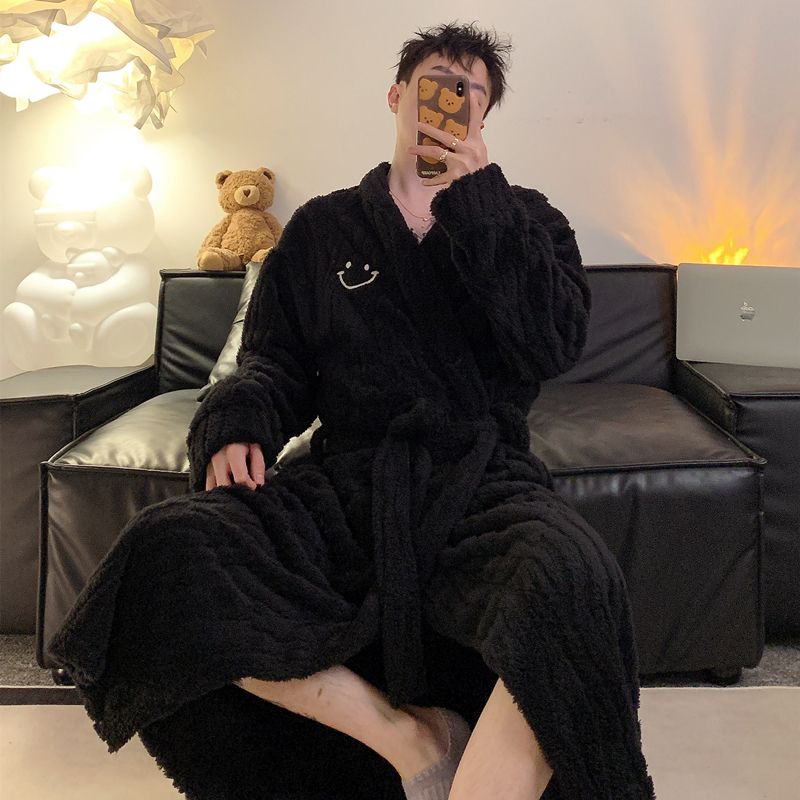 男士睡袍秋冬款珊瑚绒加