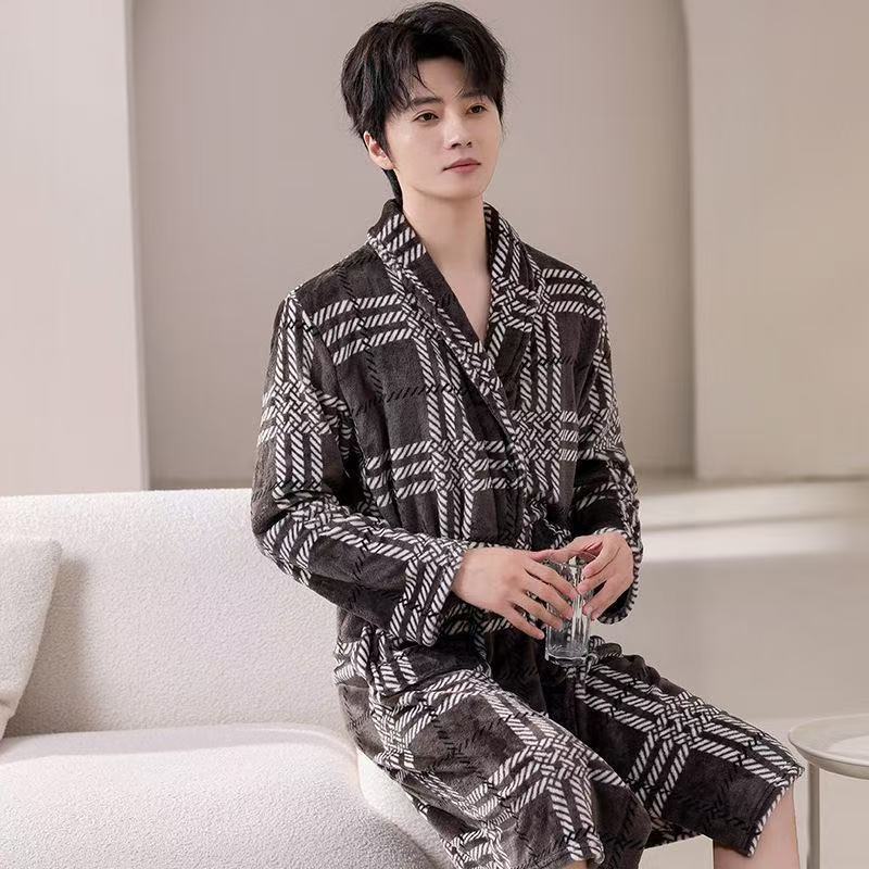 浴袍男款法兰绒加长加厚