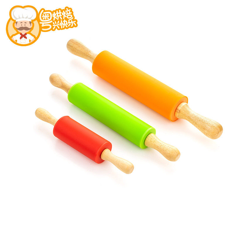 烘焙工具硅胶擀面杖 实木手柄滚轴不粘食品面粉棍 大小面团饺子棍
