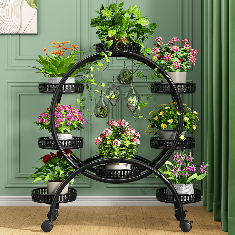 花架子客厅落地式阳台花架多层圆形带轮移动铁艺摆放置物架花盆架