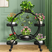 花架子客厅落地式 阳台花架多层圆形带轮移动铁艺摆放置物架花盆架