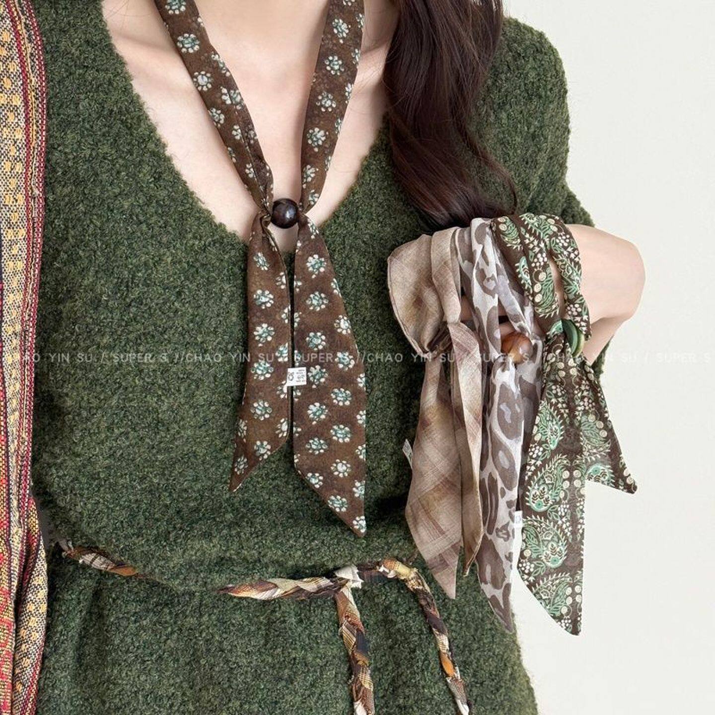 春季系脖丝巾项链女复古咖绿色抽拉式长条搭配毛衣链丝带颈饰配饰