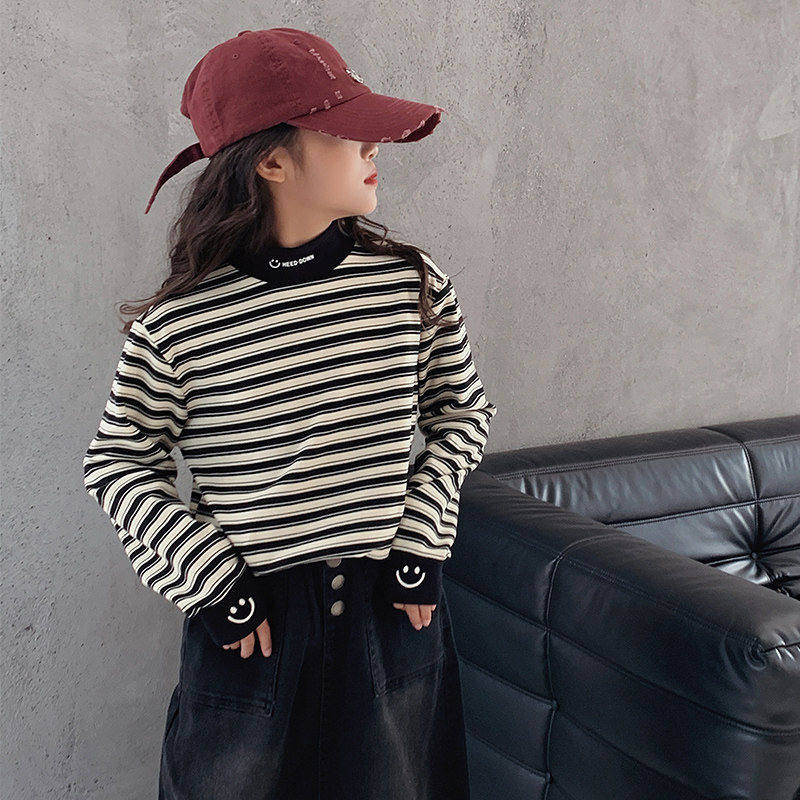 女童条纹打底衫秋冬装2024新款韩版洋气女大童加绒加厚半高领内搭,童装/婴儿装/亲子装,T恤,淘宝优惠券,粉丝福利购,淘宝优惠卷