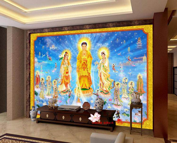 立体3d浮雕佛像佛教佛堂西方三圣接引图沙发背景无缝大型壁画