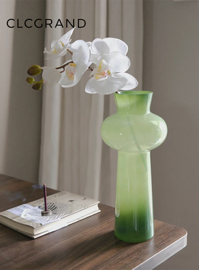 法式中古绿色玻璃花瓶摆件客厅插花装饰花器轻奢餐桌水培鲜花器皿