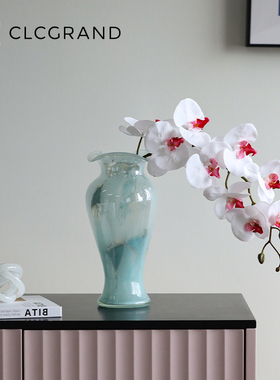 蓝色琉璃玻璃透明中古花瓶摆件客厅插花花器高级感电视柜软装饰品