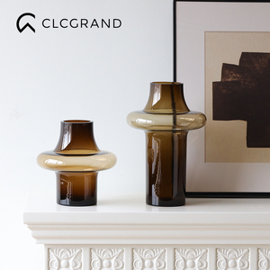 花瓶高级感客厅桌面插花摆件中古咖色装饰玻璃花器轻奢样板间摆设