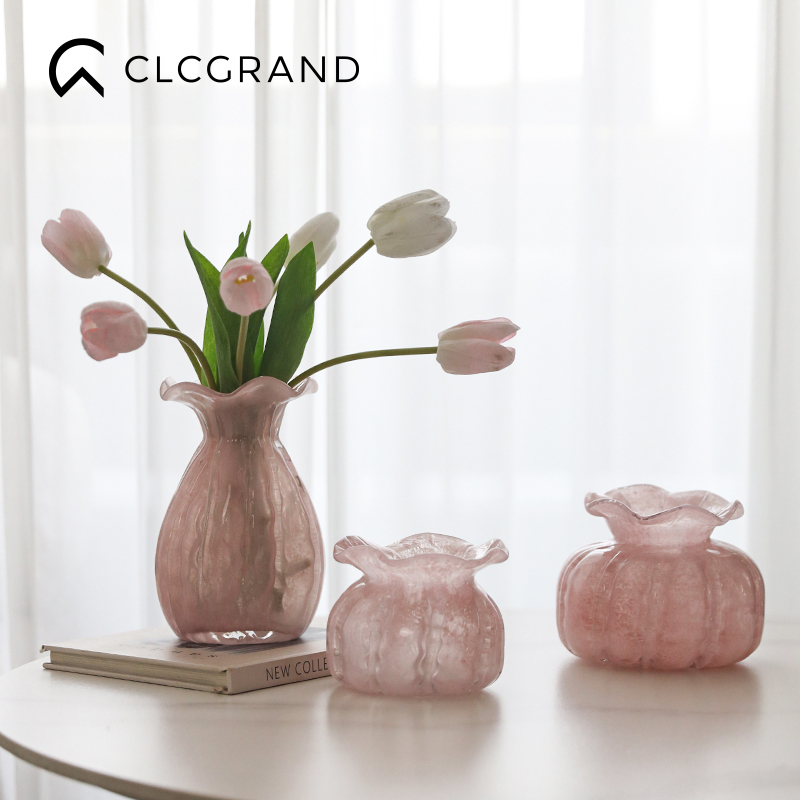 花瓶高级感粉色花边福袋装饰摆件