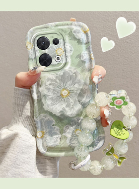 绿色油画花朵适用OPPOReno8手机壳新款Reno8Pro网红创意日韩风ins全包硅胶软壳高级感不会撞壳的防摔保护套女