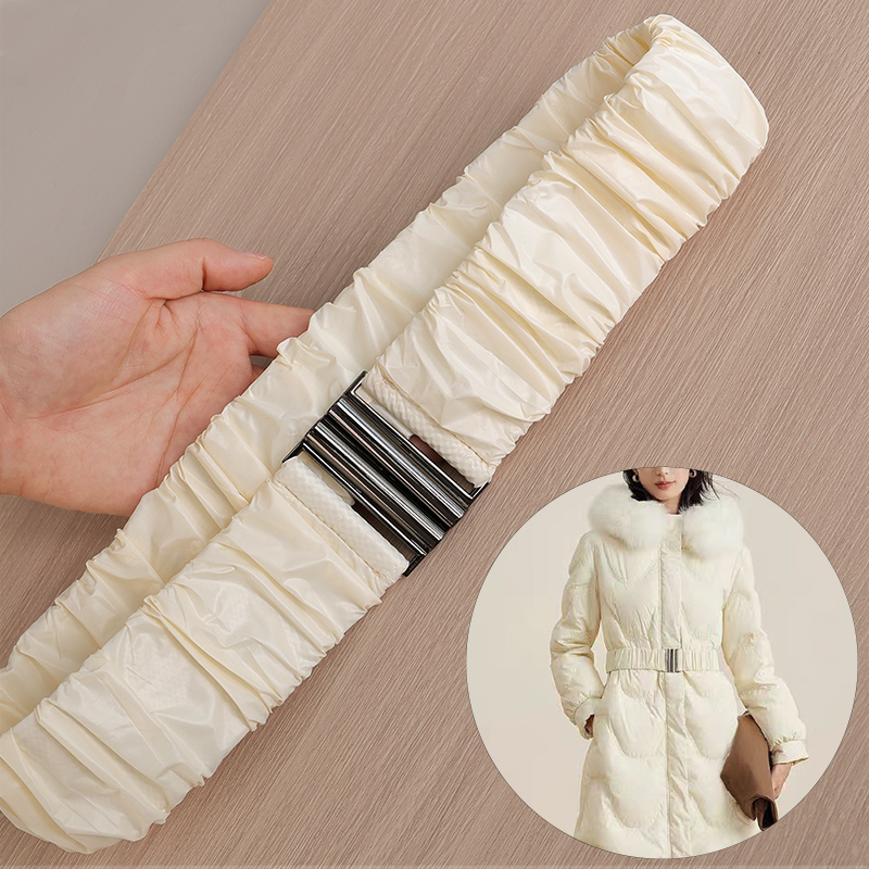 米白色羽绒服腰带弹力5CM宽腰封女款松紧收腰装饰银扣头配件冬季