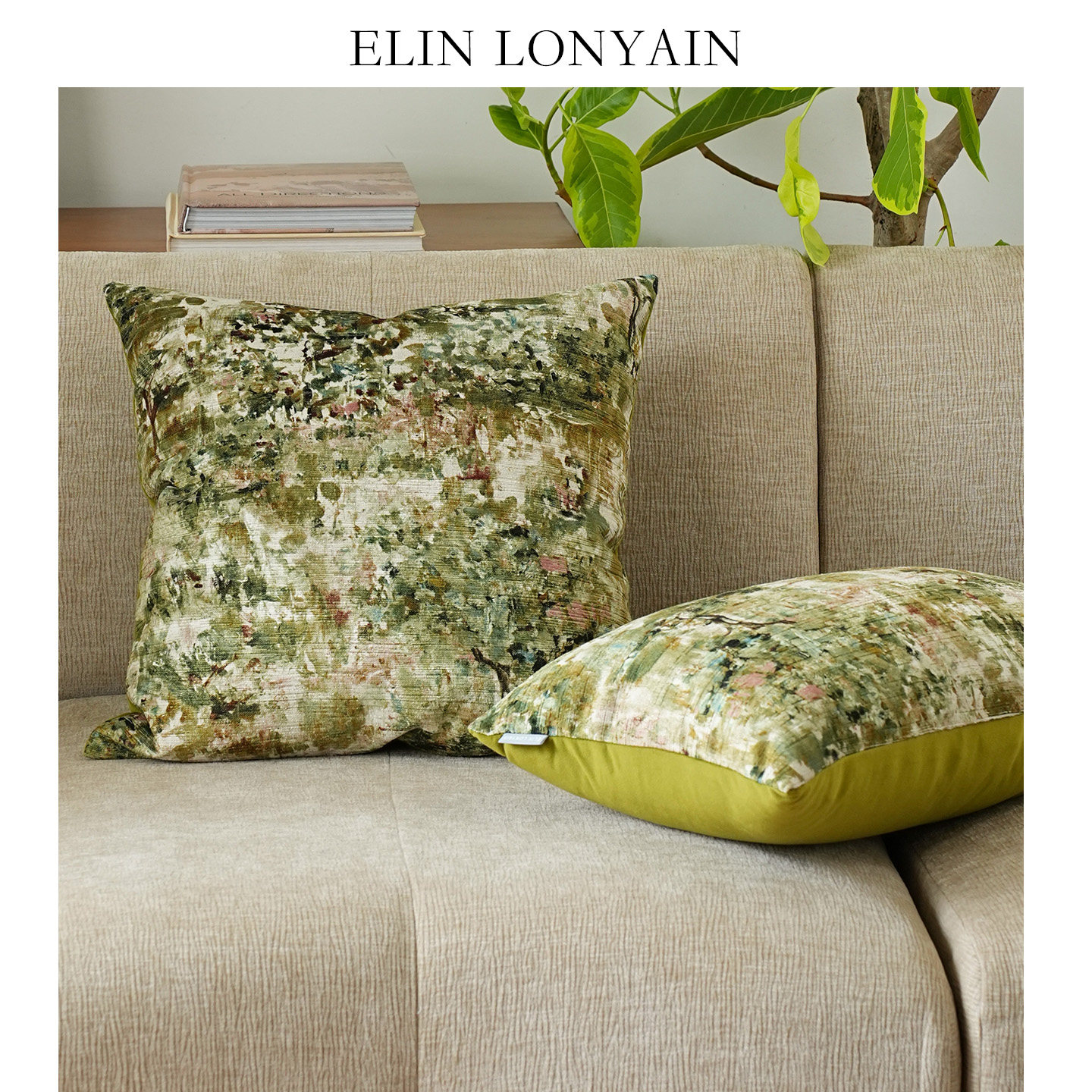 法式莫奈绿色绒面印花靠垫抱枕