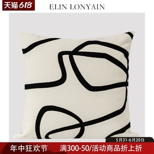 LONYAIN现代简约轻奢米黑色绣线抽象抱枕样板房设计师方枕 ELIN