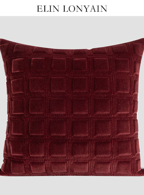 ELIN LONYAIN现代简约轻奢酒红色几何绗缝靠垫抱枕样板房沙发方枕
